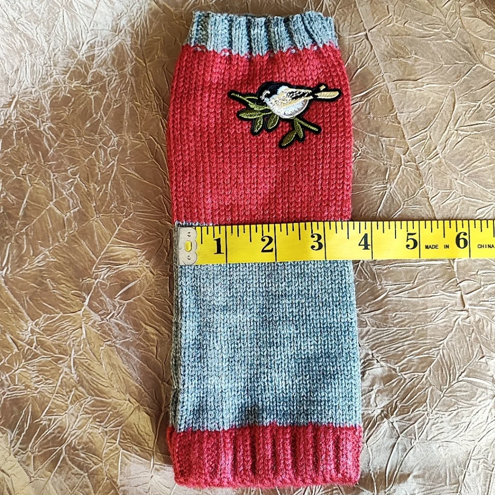 Fingerless Warm Gloves Thumb Holes Red Gray Grey Embroidered Birds Mittens NEW